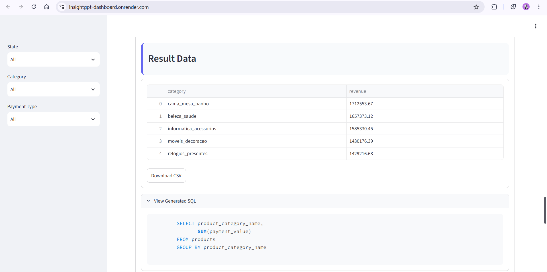 InsightGPT generated SQL query
